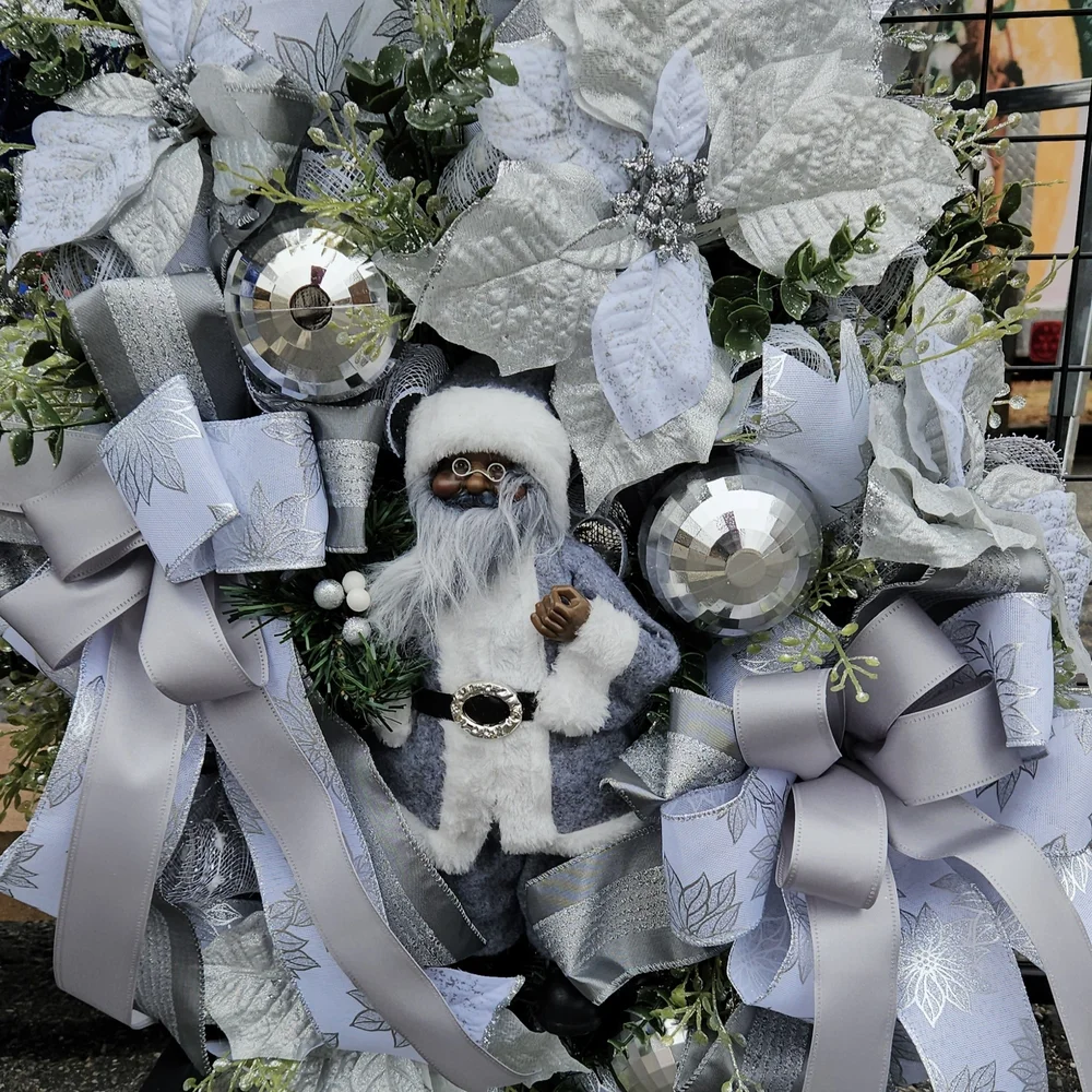Elegant Silver and White Holiday Wreath with Santa